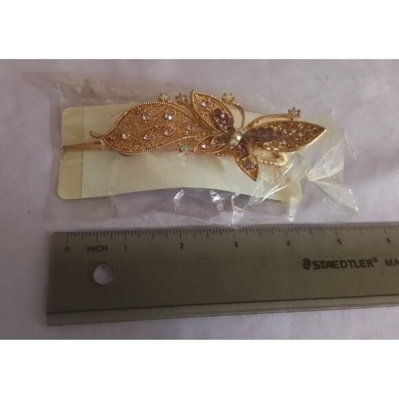 Vintage Gold-Tone Butterfly Hair Clip Barrette With Rhinestones - Picture 3 of 4